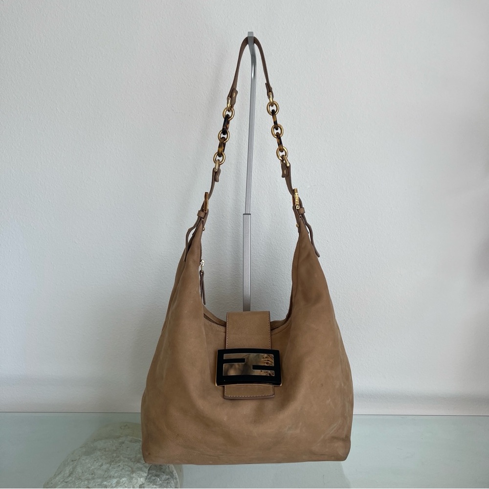 Fendi Mamma Baguette Suede Shoulder Bag – Tortoise & Gold Hardware